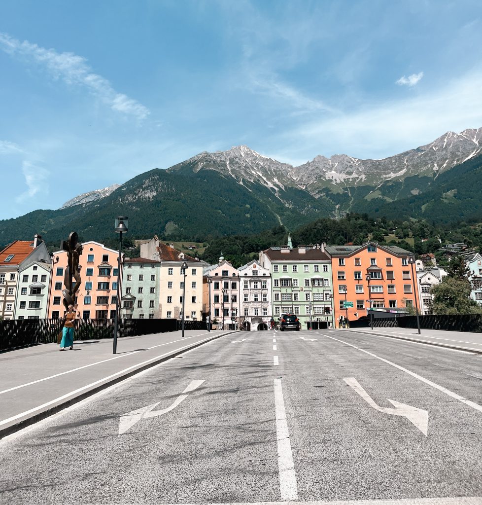 The view from the Old Town of Innsbruck towards the Alps.