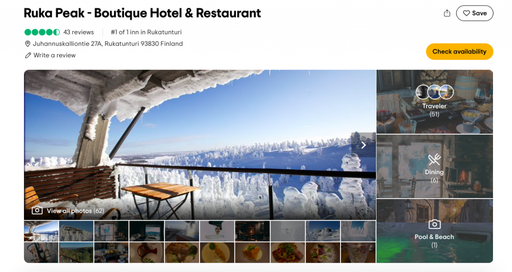 Screenshot of Ruka Peak - Boutique Hotel & Restaurant front page in Tripadvisor.