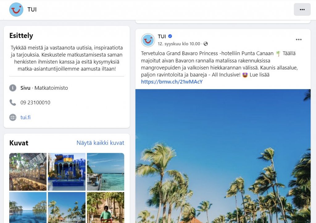 Overview of TUI's Facebook homepage.