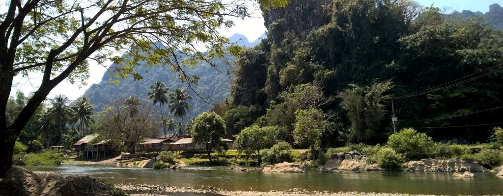 Breathtaking scenery along the Nam Song river with palm trees and karst mountains.