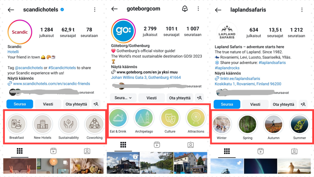 Examples of tourism businesses highlighting Instagram Stories for different purposes.