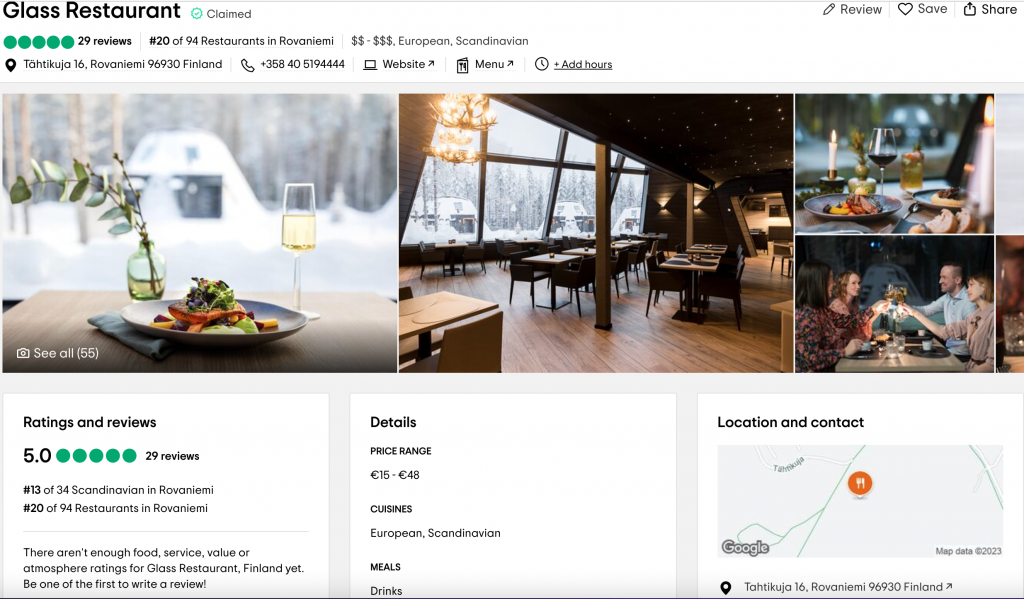 Kuvakaappaus Glass Restaurantin TripAdvisor-sivulta. Ravintolalla on palvelussa viisi tähteä.