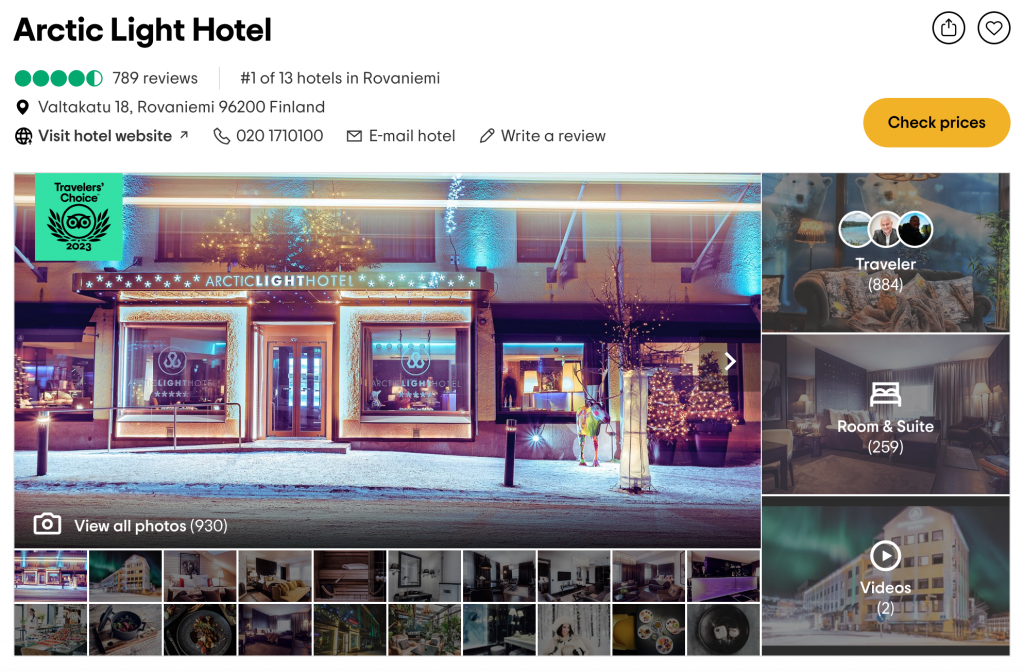 Näyttökuva Arctic Light hotellin TripAdvisor-sivulta. Hotelli on arvioitu TripAdvisorissa Rovaniemen parhaaksi hotelliksi.