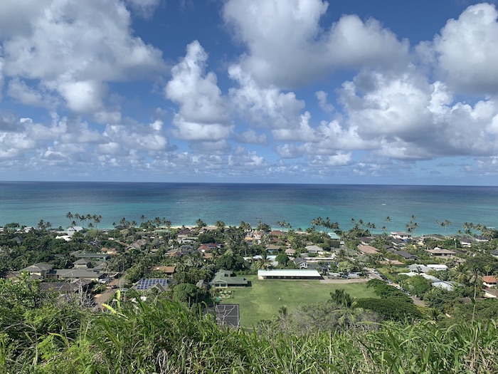Beach view of the Hawaii shore from high up the Lanikai pillbox hill.