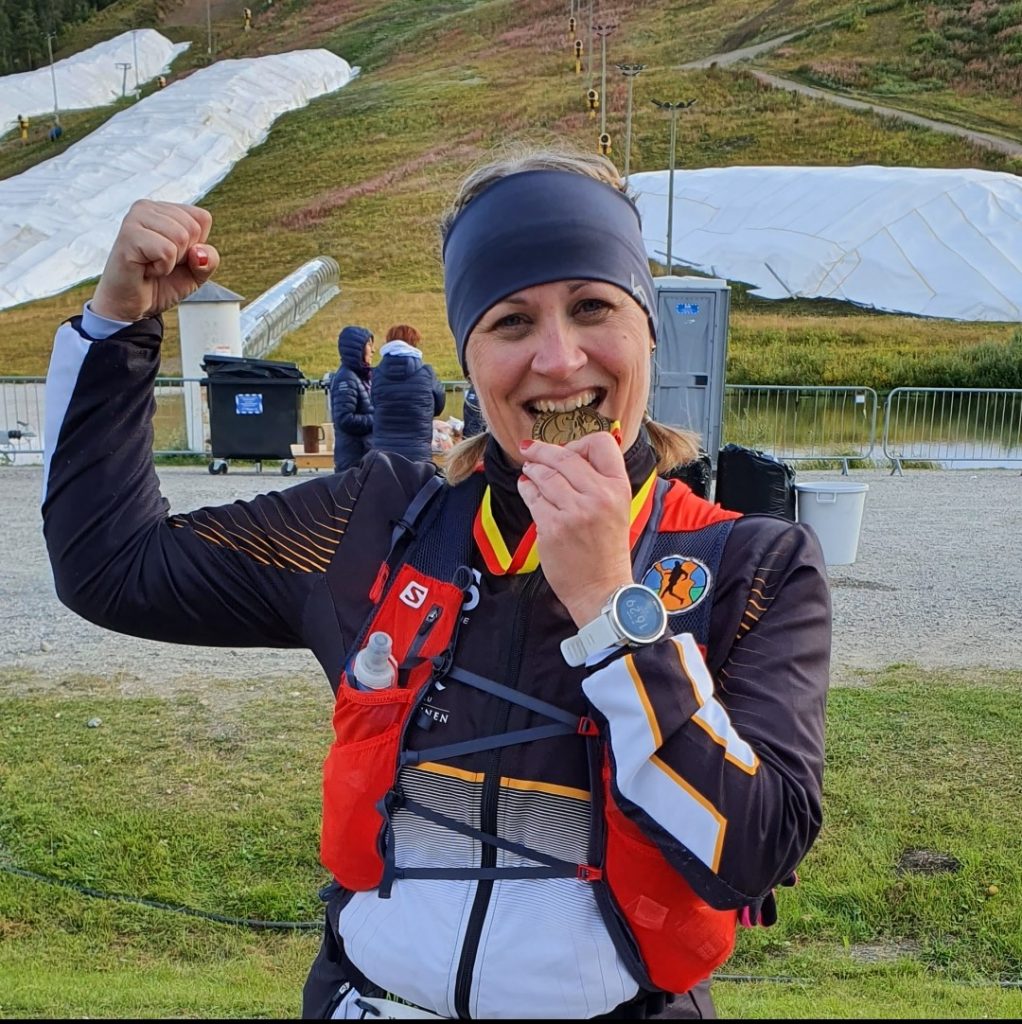 A great feeling after crossing the finish line in Ruskamaraton trail running competition in Levi.