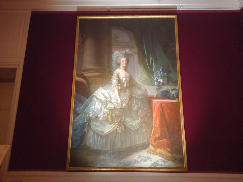 In the picture is a portrait of Marie Antoinette.The picture is on the wall in the castle of Versailles.