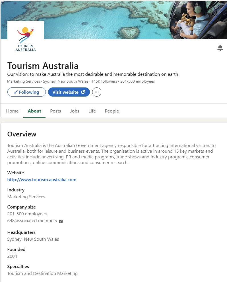 Tourism Australia LinkedIn business page used as marketing for B2B