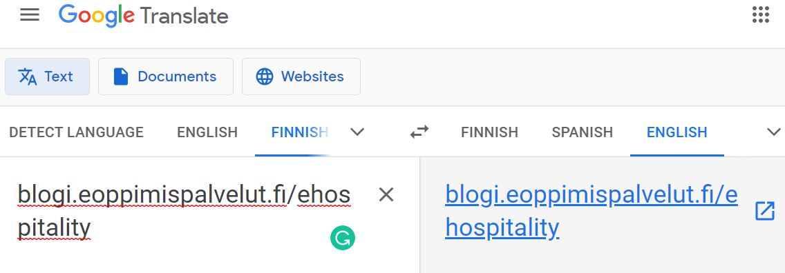 Kuvaruutukaappaus Google Translatesta. Suomen puolelle on kirjoitettu tämän bloginosoite, jonka käännöstä klikkaamalla blogin pääsee lukemaan englanniksi.