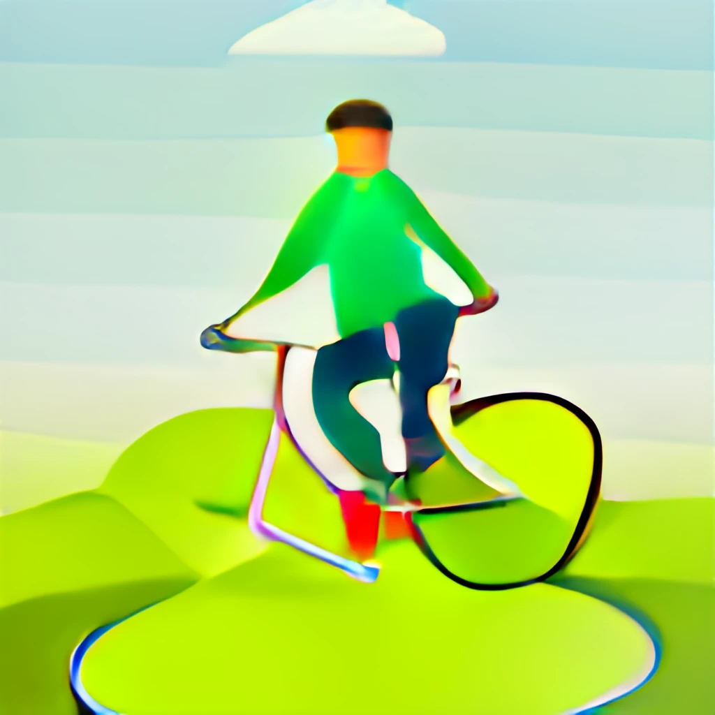Mies ajaa polkupyörällä, josta puuttuu etupyörä. Myös polkimet puuttuvat. Kuva on maalauksellisen tyylinen. Taustalla on vaaleansininen taivas ja vihreä maa. 