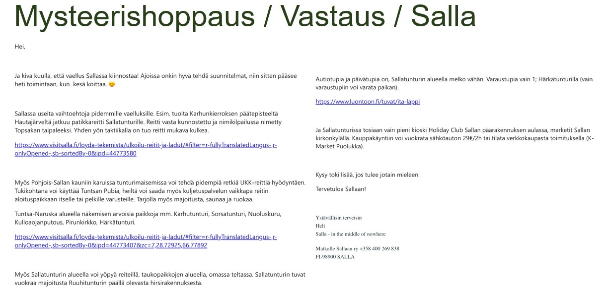 Mysteerishoppauksen sähköpostivastaus Visit Sallalta. Vastaus sisältää tekstiä ja linkkejä.