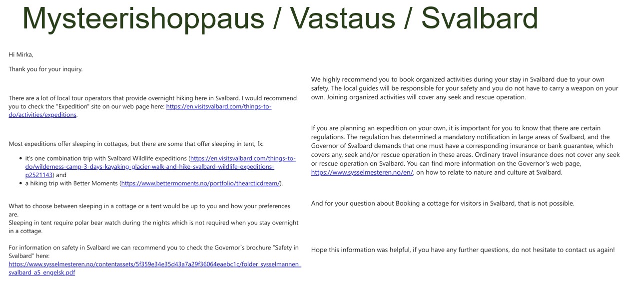 Mysteerishoppauksen sähköpostivastaus Visit Svalbardilta. Vastaus sisältää tekstiä ja linkkejä.