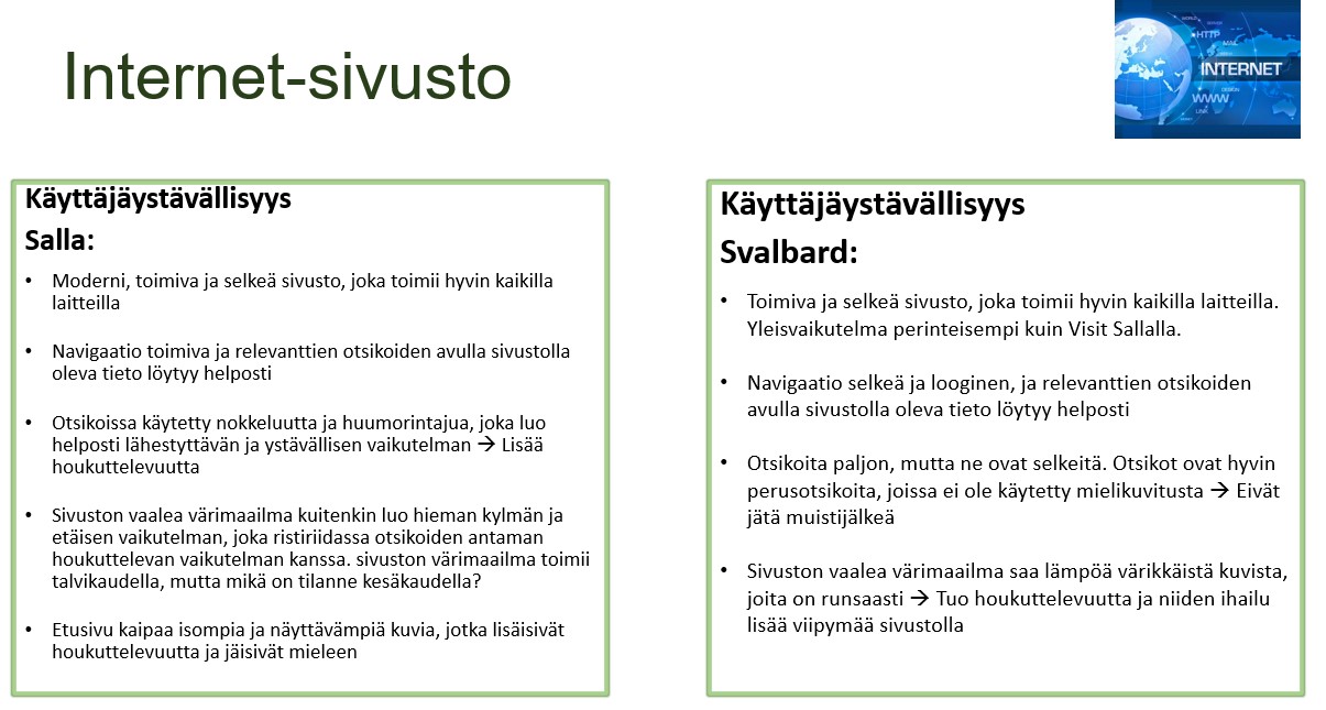 Analyysi, miten käyttäjäystävällisyys toteutunut Visit Sallan ja Visit Svalbardin Internetsivustolla. Kahdessa vierekkäisessä taulukossa on tuotu esille huomioita, miten käyttäjäystävällisyys näkyy sivustoilla.