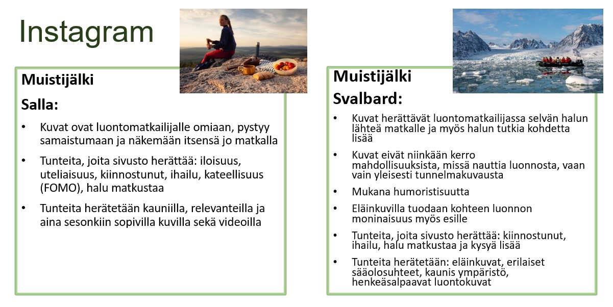 Muistijälki-tietojen kerääminen Visit Sallan ja Visit Svalbardin Instagramista vierekkäisissä neliömäisissä osioissa. Yläosassa kaksi pientä kuvaa, joista toisessa kesäinen piknik vuoren rinteellä, nainen taka-alalla ja piknikeväät etualalla. Toisessa kuvassa ryhmän talvinen veneretki jäisessä ympäristössä.