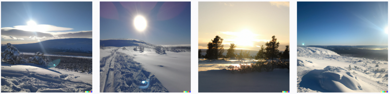 Neljä tekoälyn luomaa kuvaa, joissa on aurinkoinen, avara talvimaisema.
