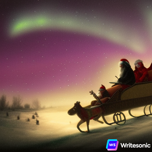 Tekoälyn luoma kuva, jossa poro vetää joulupukin rekeä. Öinen taivas on revontulien valaisema.