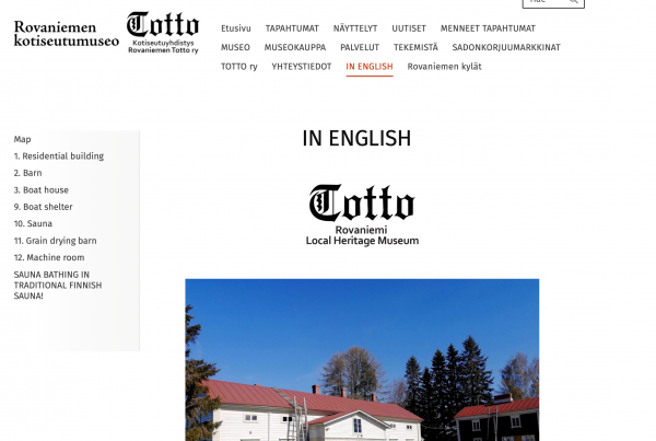 Kuvankaappaus Totto ry:n verkkosivuilta, jossa näkyy sivuvalikko sekä englanninkielisen sivun alku.