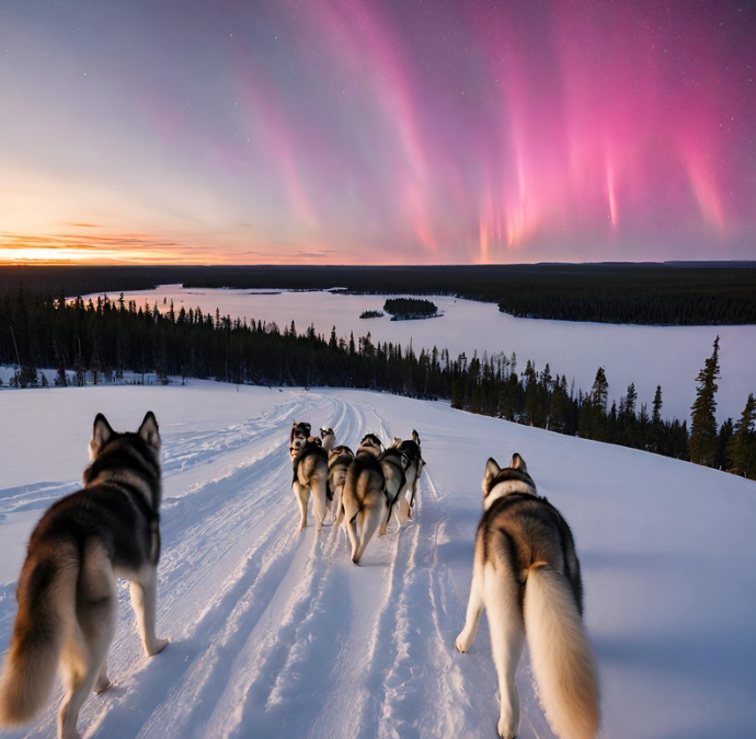 Canva-sovelluksen tekoälyn tuottama kuva, jossa on ryhmä husky-koiria lumisessa Lapissa, taivas on vaalea yöttömän yön auringon valaisemana ja samaan aikaan taivaalla näkyy revontulia.