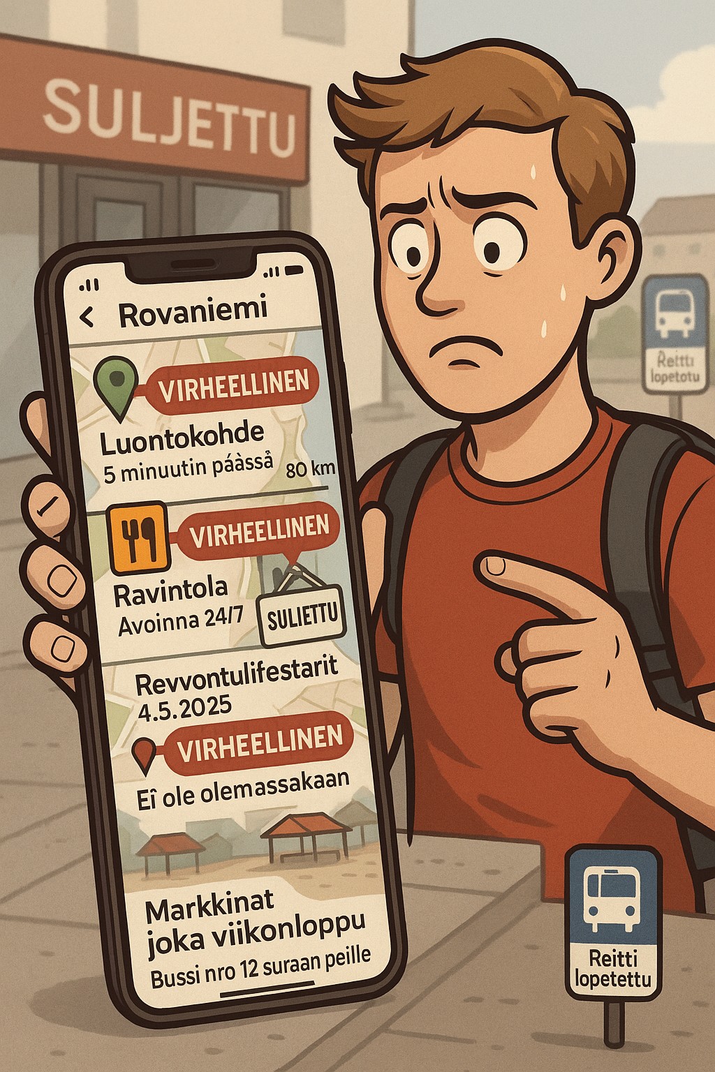 Matkailija katsoo huolestuneena puhelintaan, jonka näytöllä näkyy virheellisiä ja vanhentuneita tietoja Rovaniemen nähtävyyksistä ja tapahtumista. Taustalla bussipysäkki ja "Suljettu" kyltti.