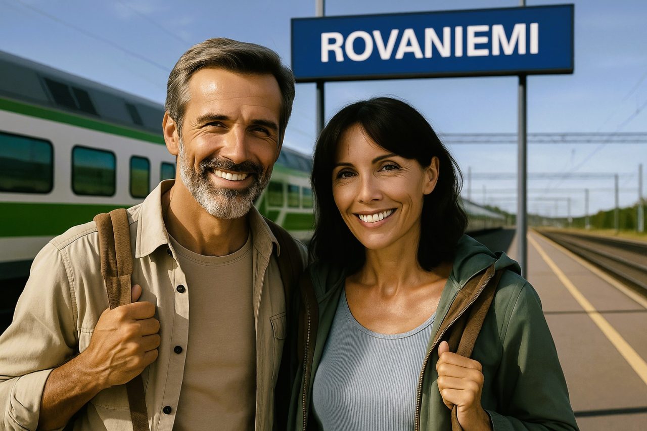 Espanjalainen pariskunta saapumassa Rovaniemelle junalla kesäisenä päivänä.