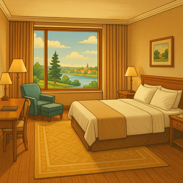 Superior-tason hotellihuone. Huoneessa on parisänky ja ikkunasta näkyy kesäinen jokimaisema. Huoneen värimaailma