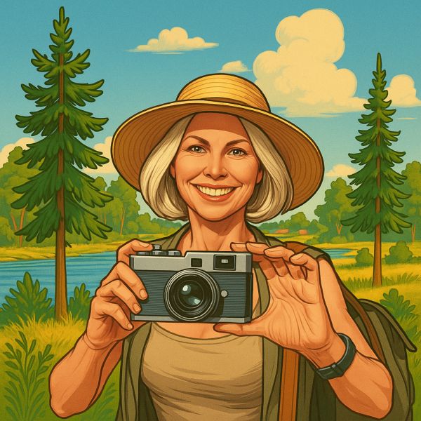 Vaaleahiuksinen keski-ikäinen nainen pokkarikamera kädessään. Nainen hymyilee leveästi, ja on pukeutunut rentoihin kesäisiin vaatteisiin. Taustana on suomalainen metsämaisema, jossa on kuusia, joki ja vehreää luontoa. Sää on aurinkoinen ja kirkkaansinisellä taivaalla on vain muutama hattarapilvi.