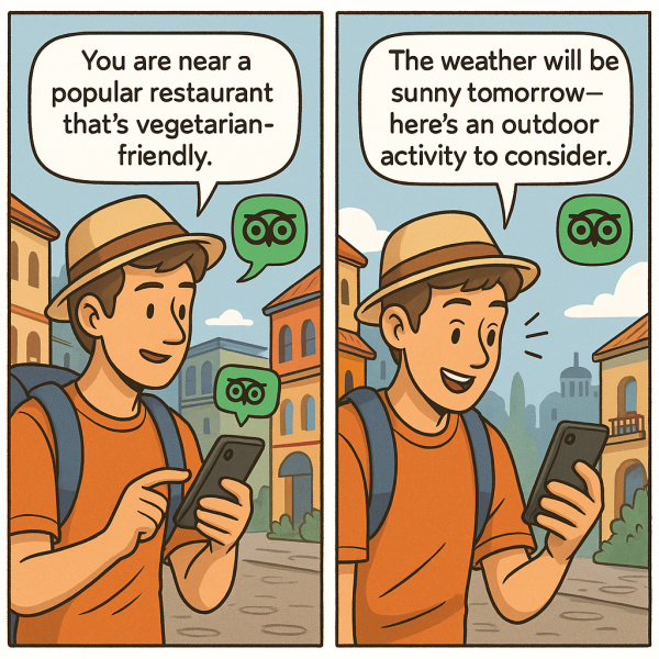 Sarjakuva, jossa matkailija käyttää generatiivista tekoälyä taskuoppaanaan matkakohteessa. Ensimmäisessä kuvassa tekoäly lähettää push-ilmoituksen suositellen ravintolaa, joka sopii matkailijan ruokavalioon. Toisessa kuvassa tekoäly ehdottaa ulkoilma-aktiviteettia, koska sää on poutainen, ennakoiden matkailijan tarpeet ja toiveet.