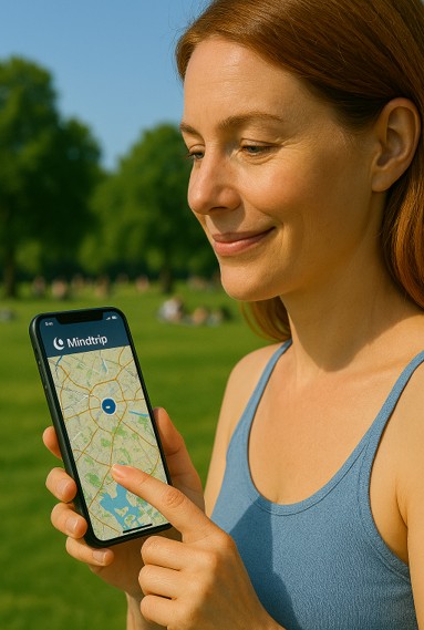  Testihenkilö Sofie käyttää Mindtrip-sovellusta puhelimellaan.