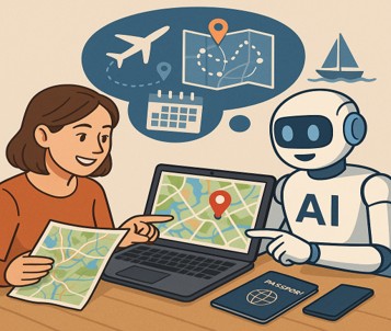 Nainen suunnittelee matkaa yhdessä tekoälyrobotin kanssa kartan ja tietokoneen äärellä.