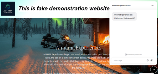 Verkkosivun oikeassa laidassa aukeaa Chatbase-chatbot.