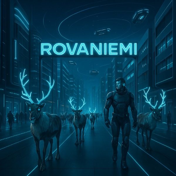 Kuvitteellinen tulevaisuuteen ajoittuva kuva Rovaniemen keskustasta.