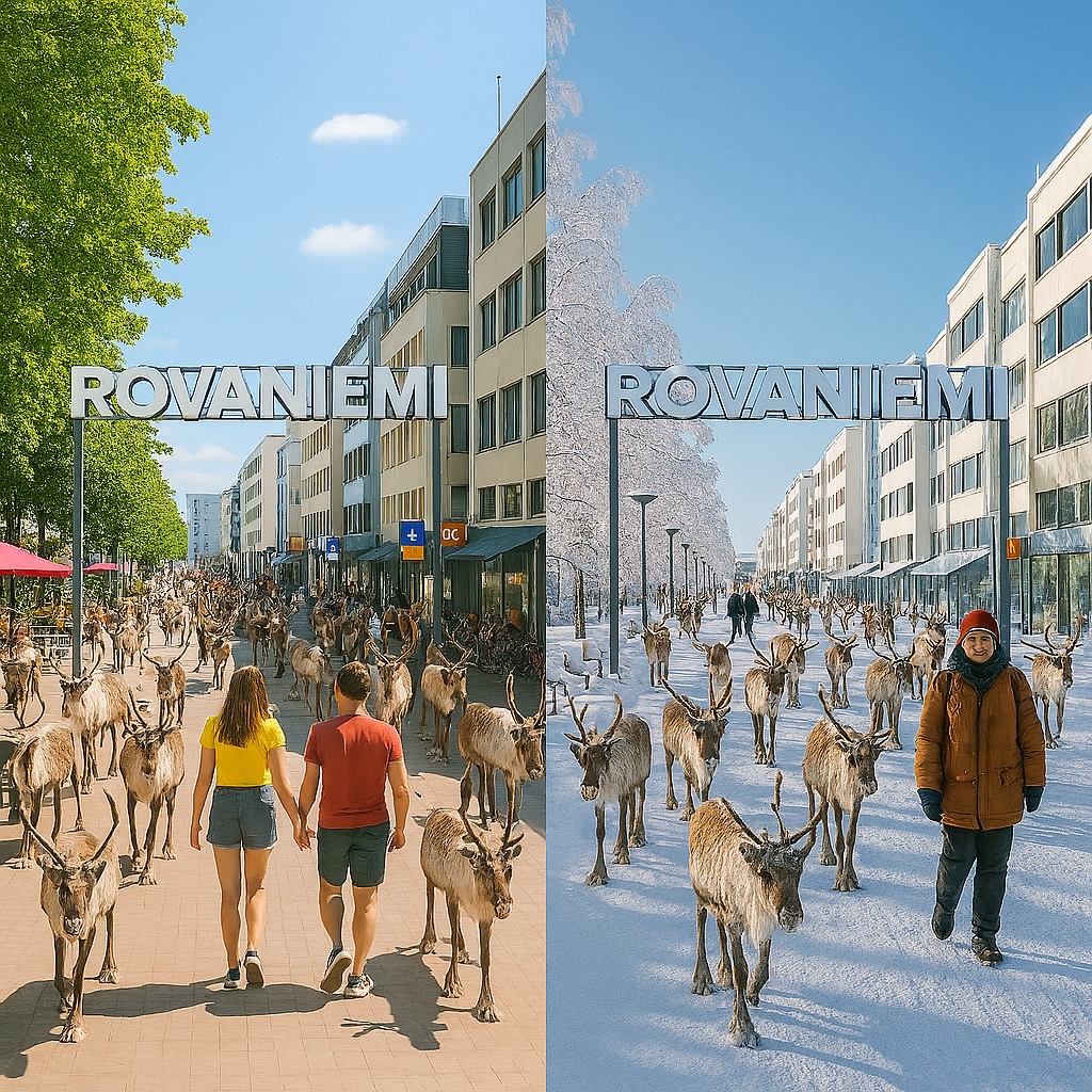 Copilotin luoma kuva Rovaniemen keskustasta kesällä ja talvella.