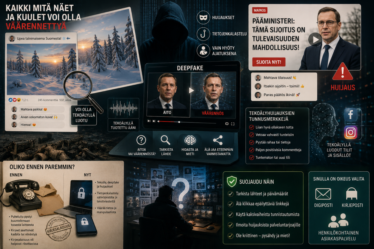 Kuvituskollaasi käsittelee tekoälyllä tehtyjä huijauksia ja deepfake-sisältöjä sosiaalisessa mediassa. Kuvassa näkyy tekaistuja talvimaisemia, valeuutisia, tekoälyllä tuotettuja mainoksia ja väärennettyjä videoita poliitikoista. Keskellä korostuu deepfake-videoiden ja tekoälyllä tuotetun äänen teema. Kuvassa on myös tietojenkalastelua, valeprofiileja ja verkkohuijauksia kuvaavia symboleja sekä ohjeita turvalliseen toimintaan verkossa. Tunnelma on varoittava ja kriittinen.
