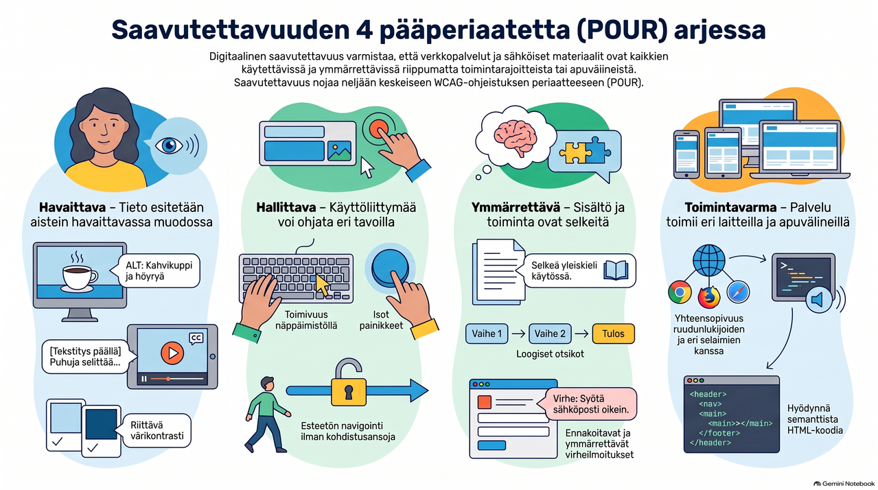 Kuva havainnollistaa digitaalisen saavutettavuuden ja fyysisen esteettömyyden tarkistuskohteita matkailu- ja kuntoutusalan verkkopalveluissa. Siinä verrataan heikon saavutettavuuden ongelmia (kuten huonoa kontrastia ja epäselviä lomakkeita) korjattuihin, selkeisiin toteutuksiin.