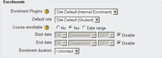 The default Enrolments settings