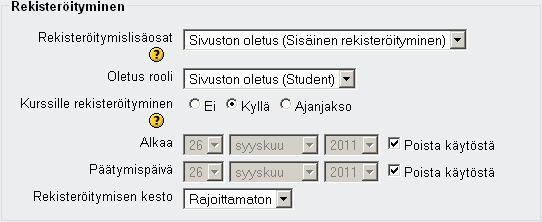 Rekisteroituminen oletusasetukset (Ei muokaa!)