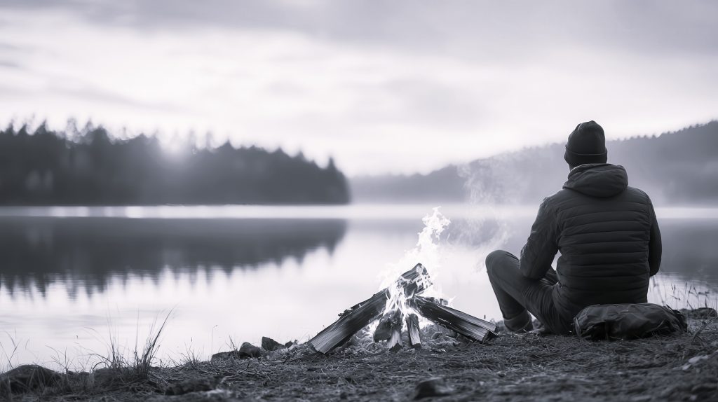 Ihminen istuu rentoutuneena nuotion äärellä, järven rannalla. 