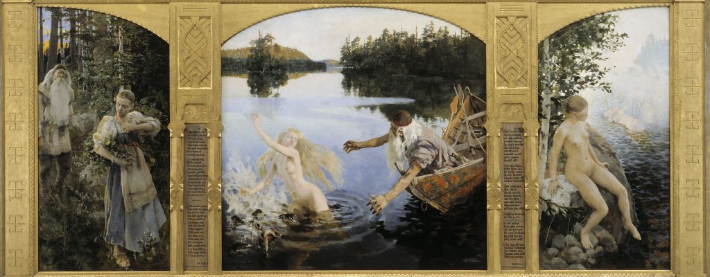 Three paintings of Aino, a character from Kalevala