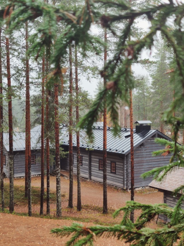 Kalevala village with wooden houses surrounded by nature in Kuhmo.