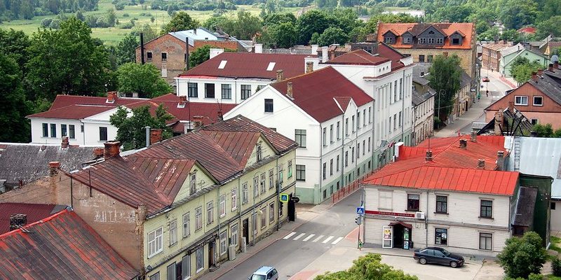 Buildings in Tukums, Latvia, on a cloudy day.