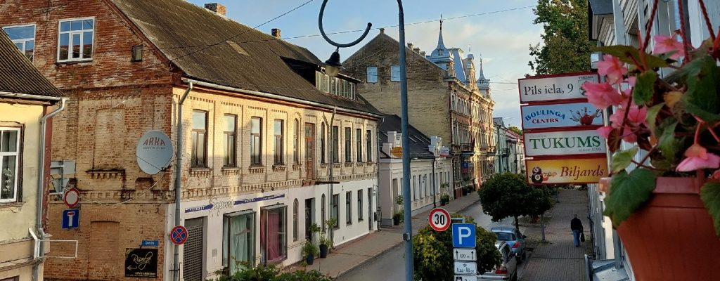Street view with buildings on a sunny day in Tukums, Latvia.