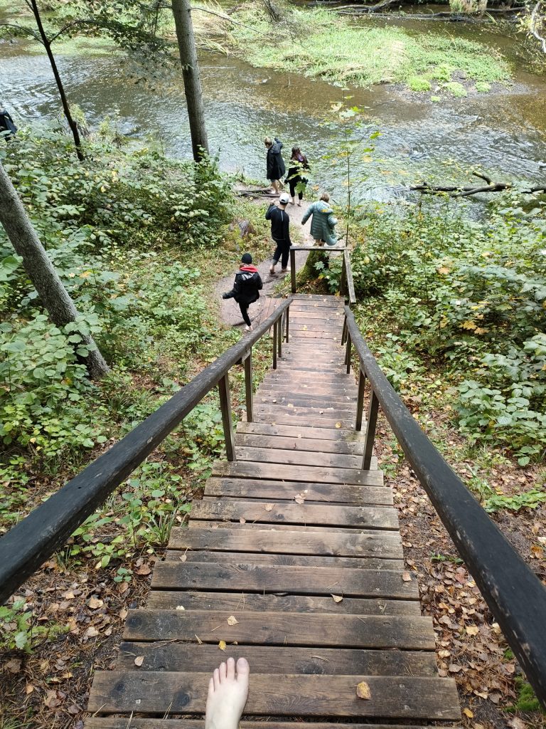 Walking down the wooden stairs leading to a stream