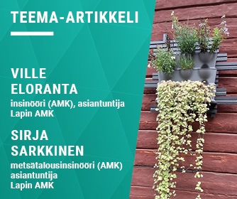 Kirjoittajien tiedot ja kukka-amppeli puutalon ulkoseinällä.