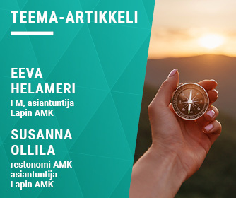 Kirjoittajien tiedot ja kompassia pitelevä käsi.