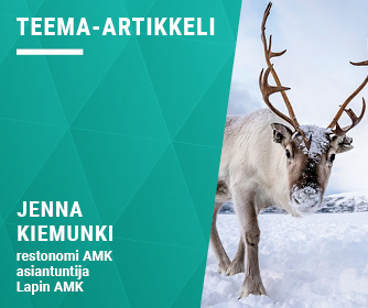 Kirjoittajan tiedot ja poro talvimaisemassa.