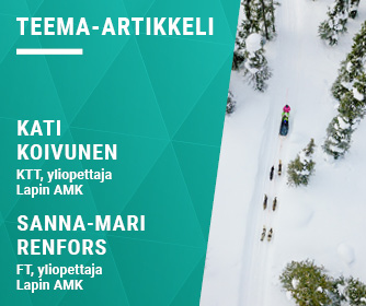 Kirjoittajien tiedot ja koiravaljakko lumisella polulla.