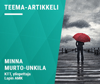 Kirjoittajan tiedot ja henkilö seisomassa sateenvaroa pidellen laiturilla.