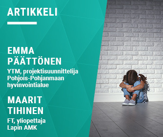 Kirjoittajien tiedot tekstinä ja yksinäinen lapsi kyyryssä seinän vierustalla.