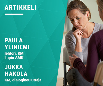 Kirjoittajien tiedot ja kaksi ihmishahmoa syventyneenä vakavaan keskusteluun.