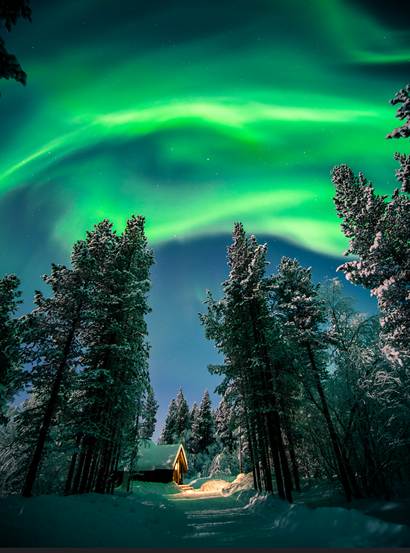 Revontulet talvisen metsämökin yllä.