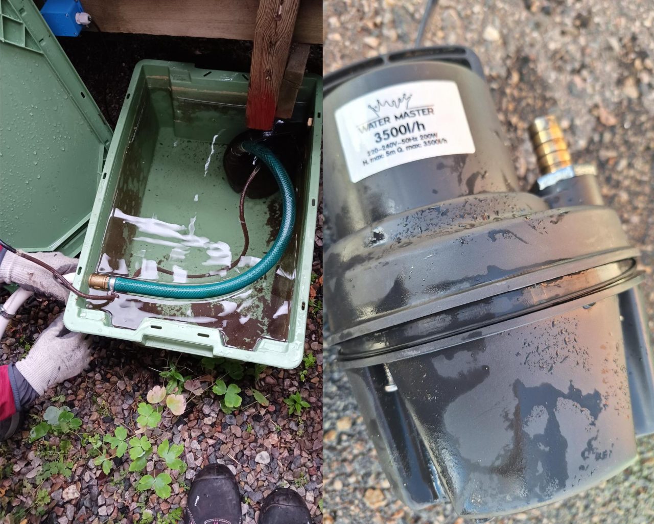 Vasemmalla muovisessa laatikossa on vettä, vesiletkua ja pumppu. Oikealle lähikuva rikkoutuneesta pumpusta.